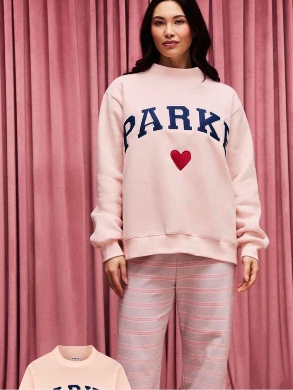 Parker Pink Crewneck Sweatshirt with Navy Logo and Red Heart